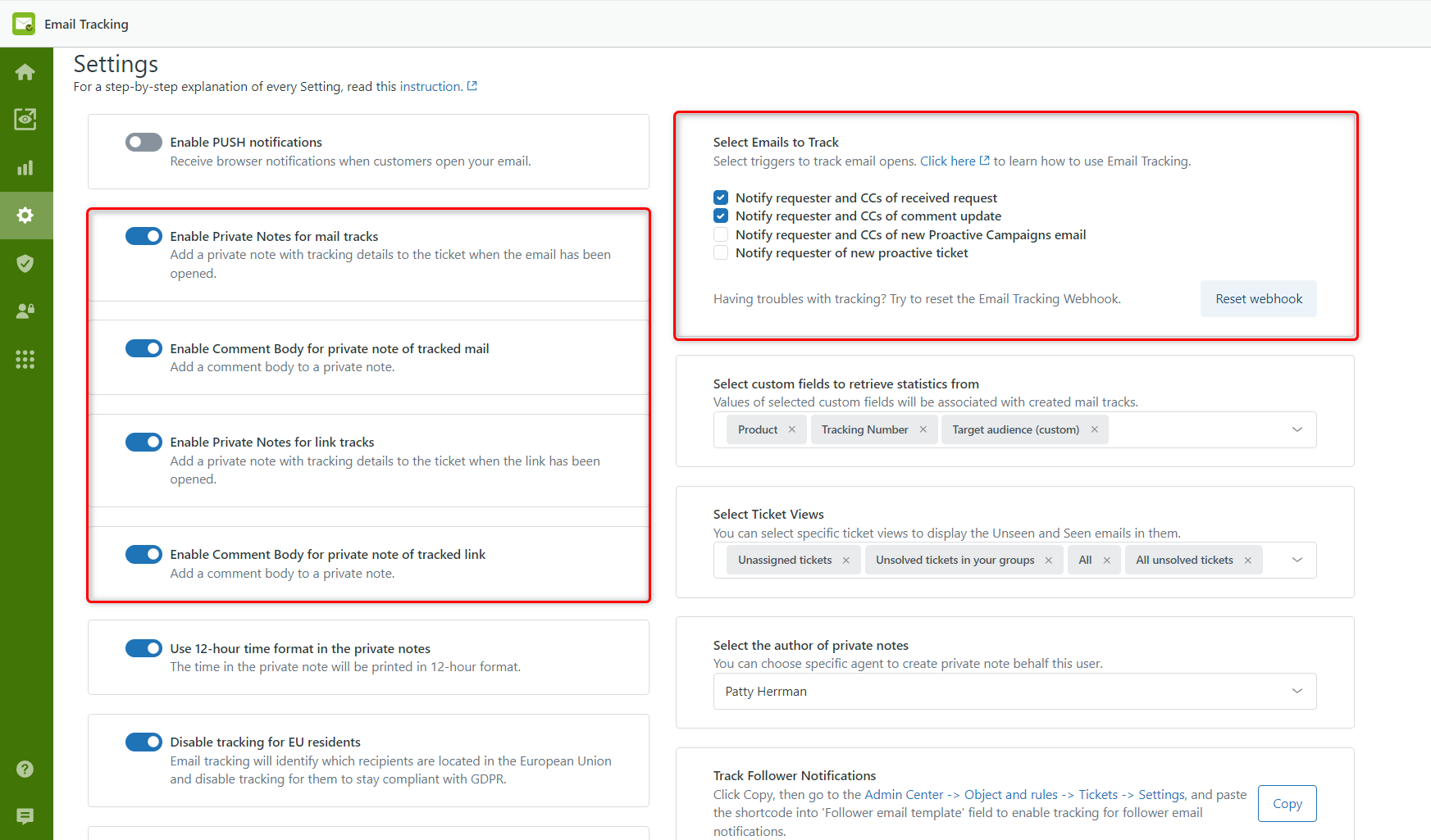 screenshot of Email Tracking for Zendesk
